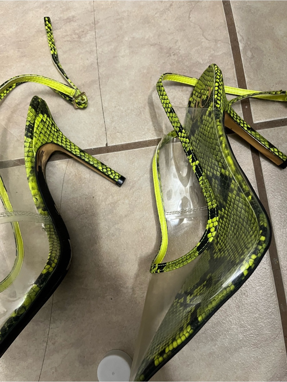 Neon Yellow Snake-Print Pointed Toe Slingback Heels - Picture 2 of 4